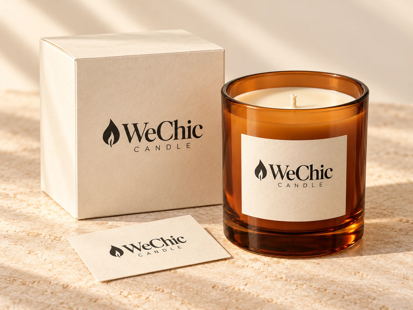 Design reference: candle with optional neutral carton and brand card